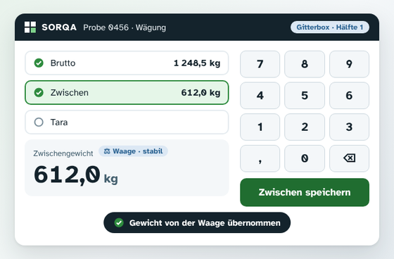 Animierte Beispielansicht: Bruttogewicht wird eingetippt, Foto gespeichert, das Zwischengewicht kommt von der Waage.